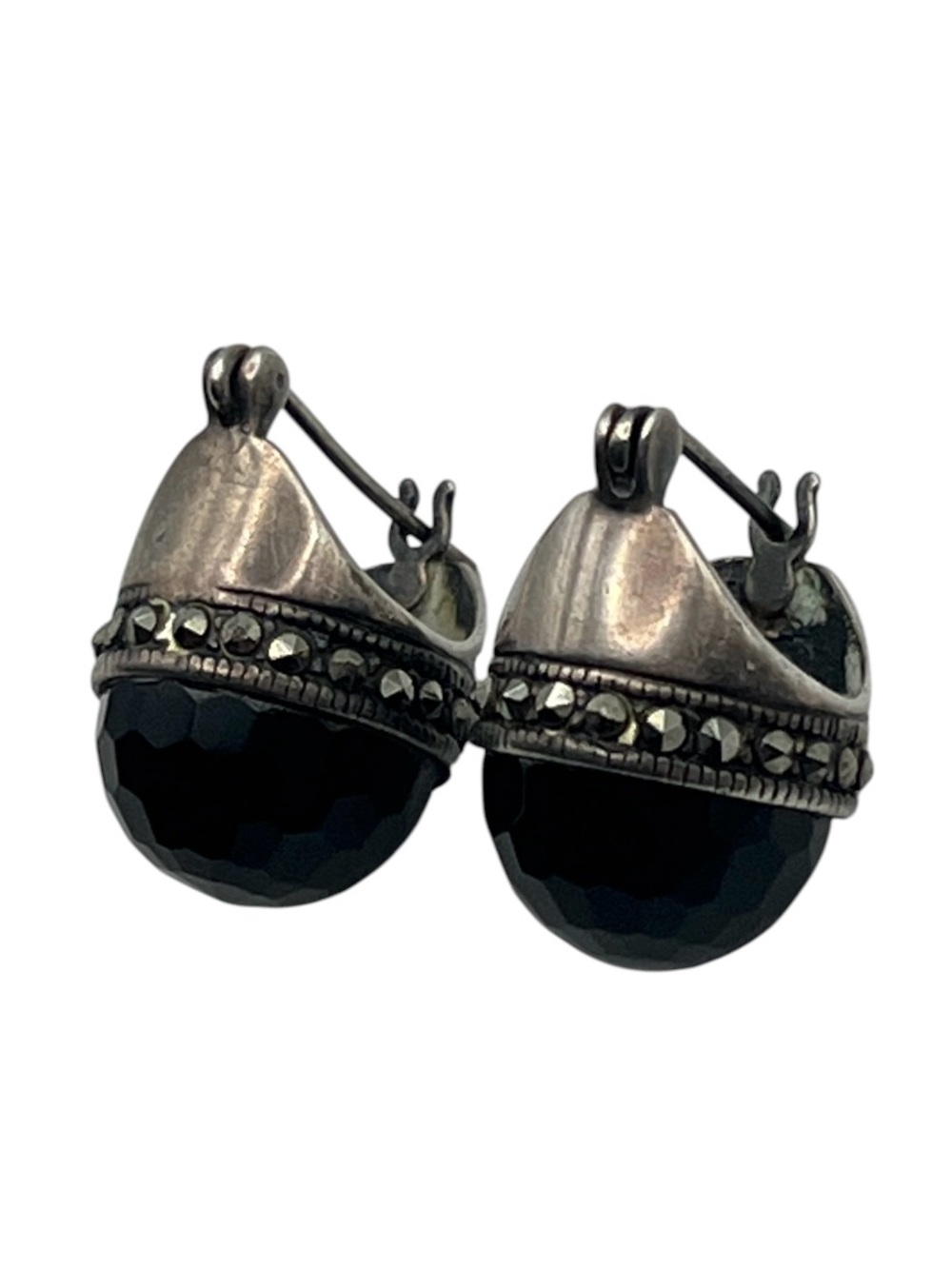 Sterling silver marcasite & black stone huggie hoop vintage earrings